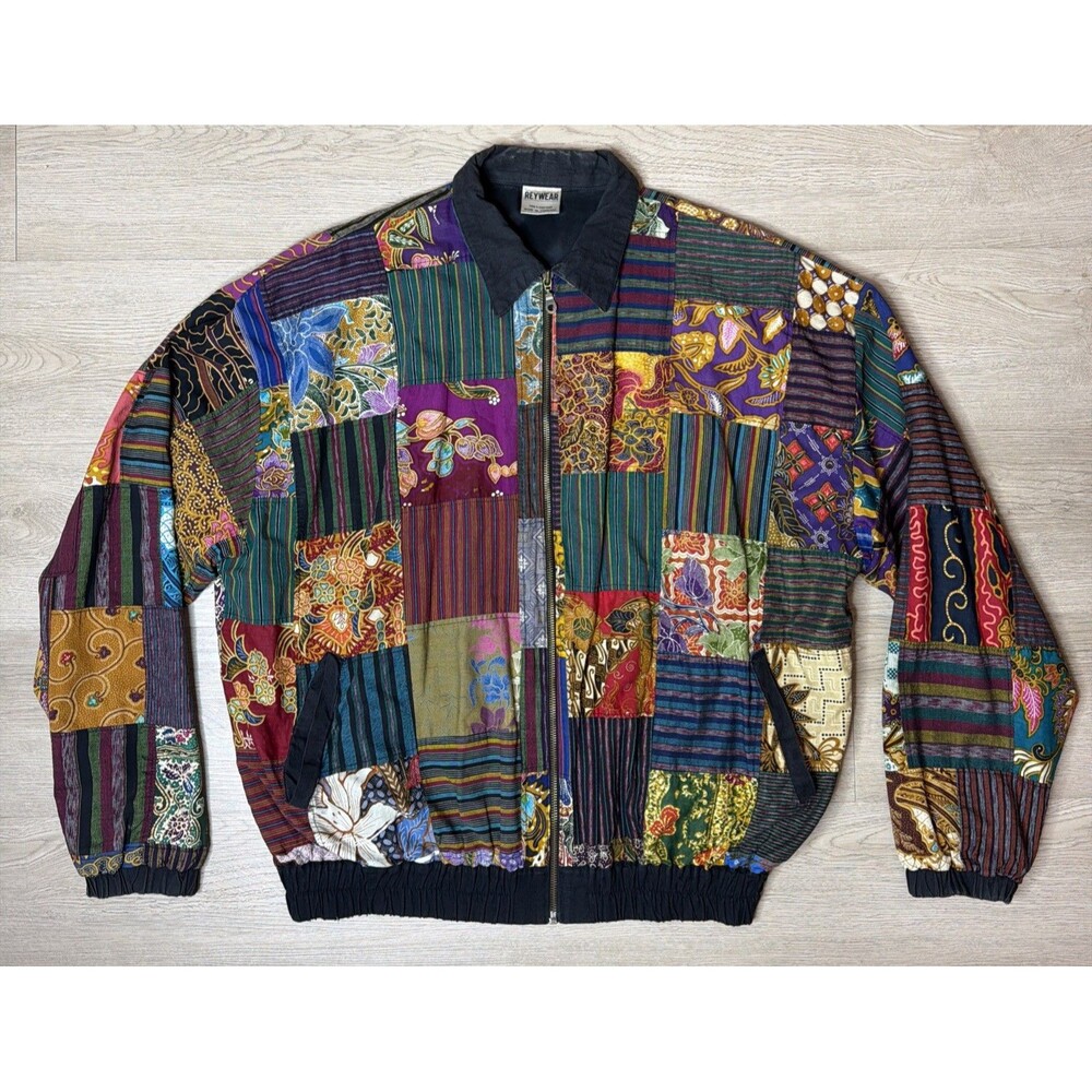 Vintage 90s REYWEAR Patchwork Batik Floral Print Bomber Jacket Cotton Full Zip